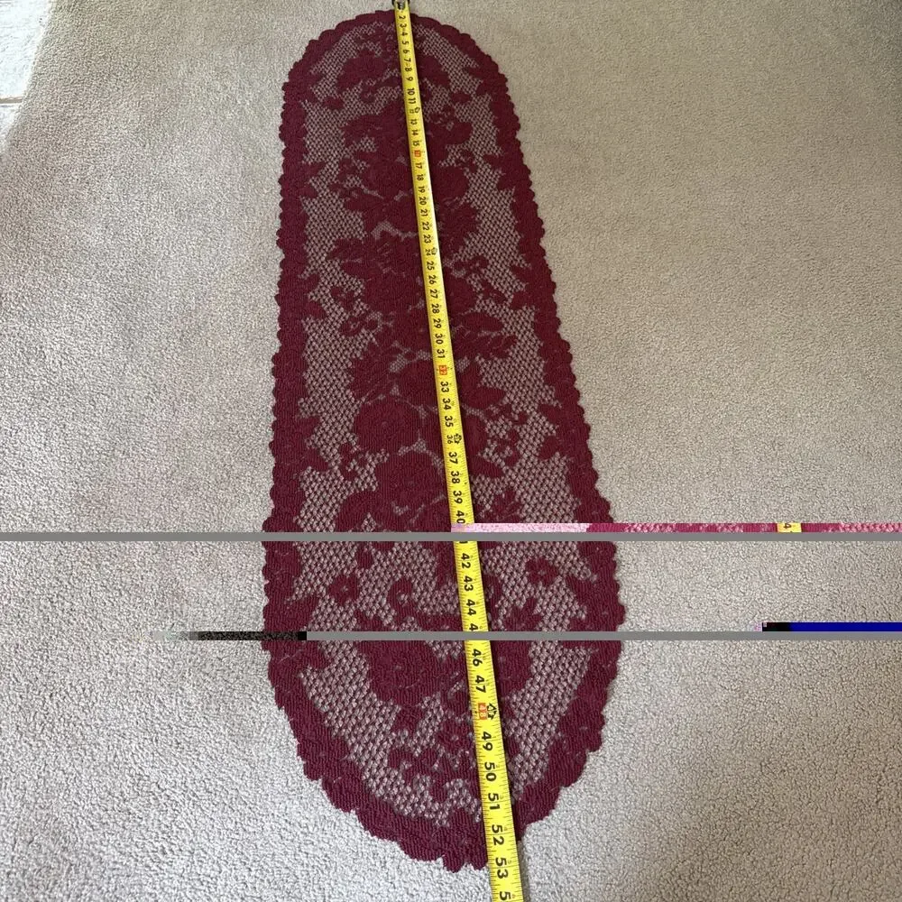 Burgundy Rose Lace Table Runner 52x14 Floral Scalloped Victorian Vtg